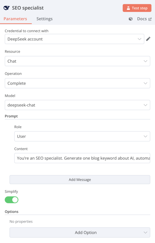 The DeepSeek SEO specialist configuration dialog in n8n