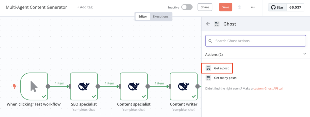 The Get a post action under the Ghost node of n8n's workflow editor canvas
