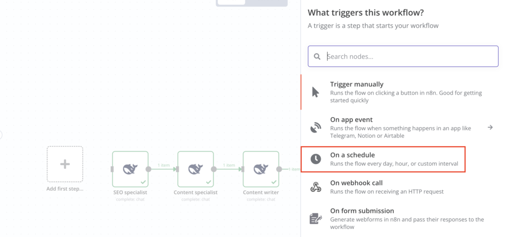 The On a schedule trigger in the n8n workflow editor canvas