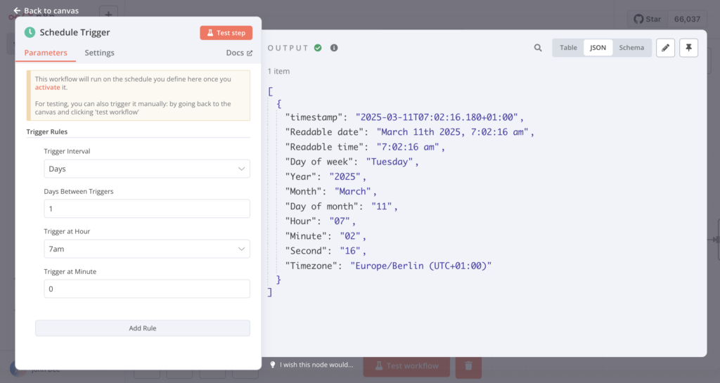 The configuration dialog and output pane of the Schedule Trigger node in n8n
