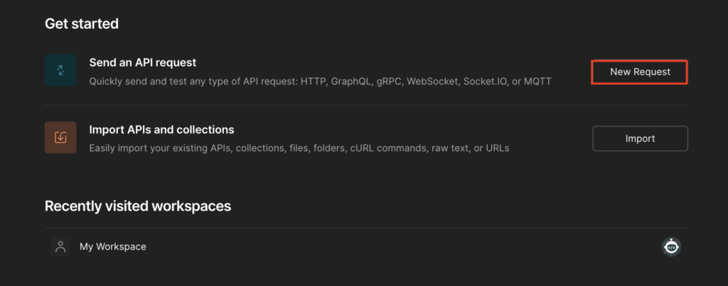The New Request button highlighted in Postman's initial interface