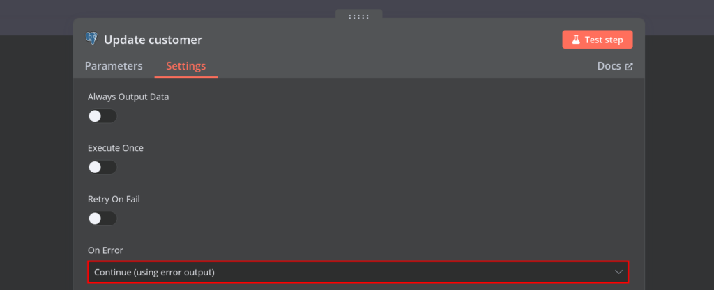 postgres update row action settings with "On Error" settings highlighted