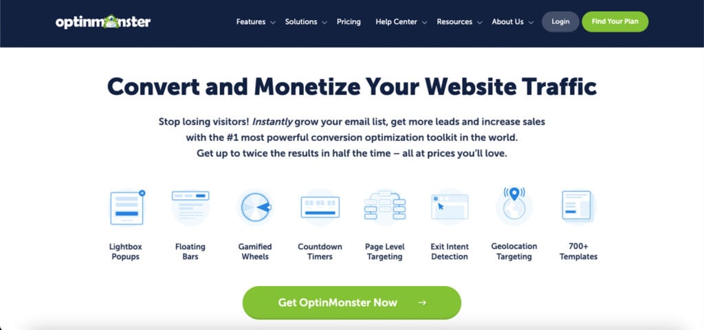 OptinMonster’s landing page promoting its lead generation and conversion optimization tools
