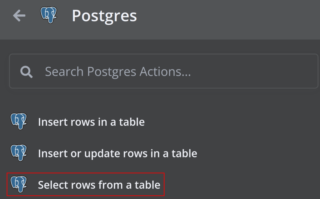 n8n app actions menu showing Postgres actions with "Select rows from a table" highlighted