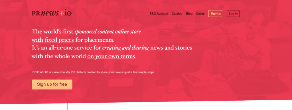 PRNEWS.IO landing page with red background showcasing services of its user-friendly platform for creating and sharing sponsored news content

