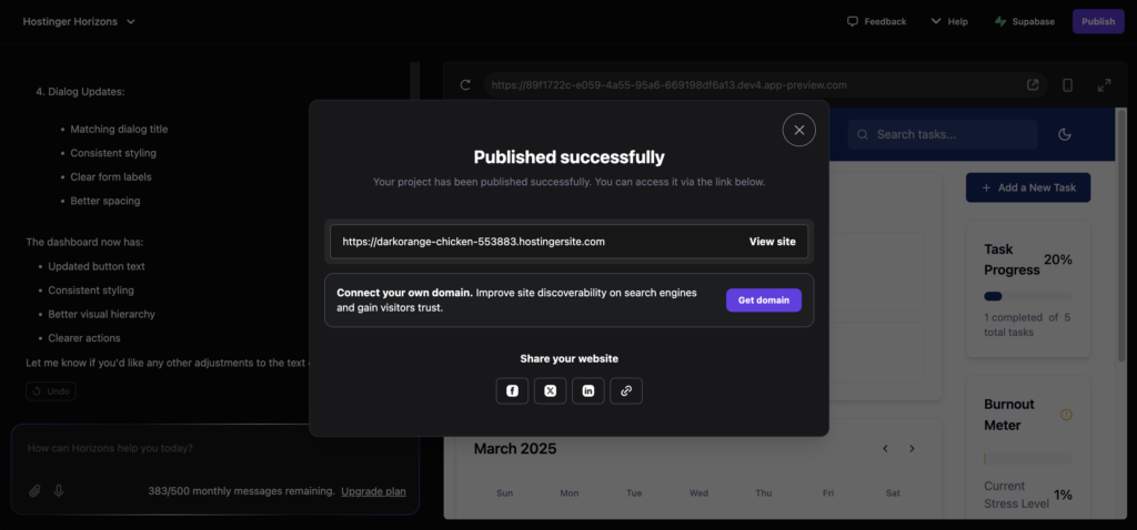 Published web app confirmation pop-up in Hostinger Horizons