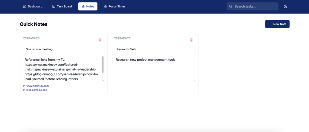 Quick Notes page preview of a custom task manager created with Hostinger Horizons