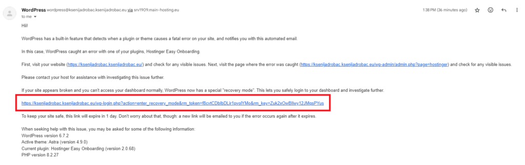 An automated email from WordPress notifying about an error caused by a plugin and providing a recovery link for access.