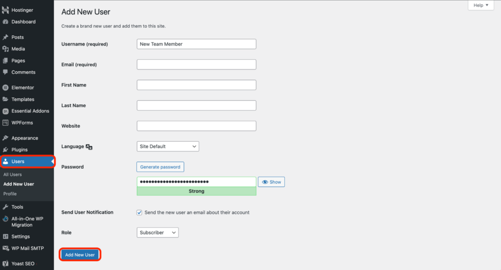 WordPress dashboard showing the 'Add New User' screen, where a site owner can enter user details and assign roles.