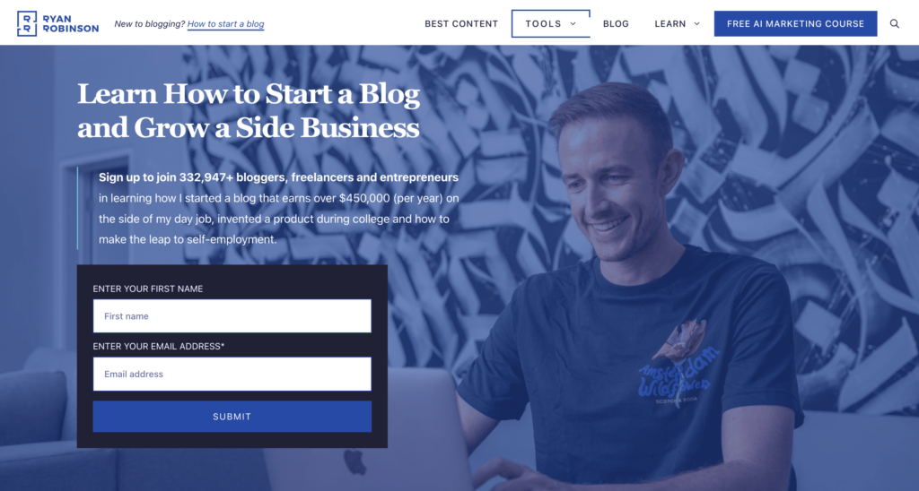 Ryan Robinson's affiliate website homepage