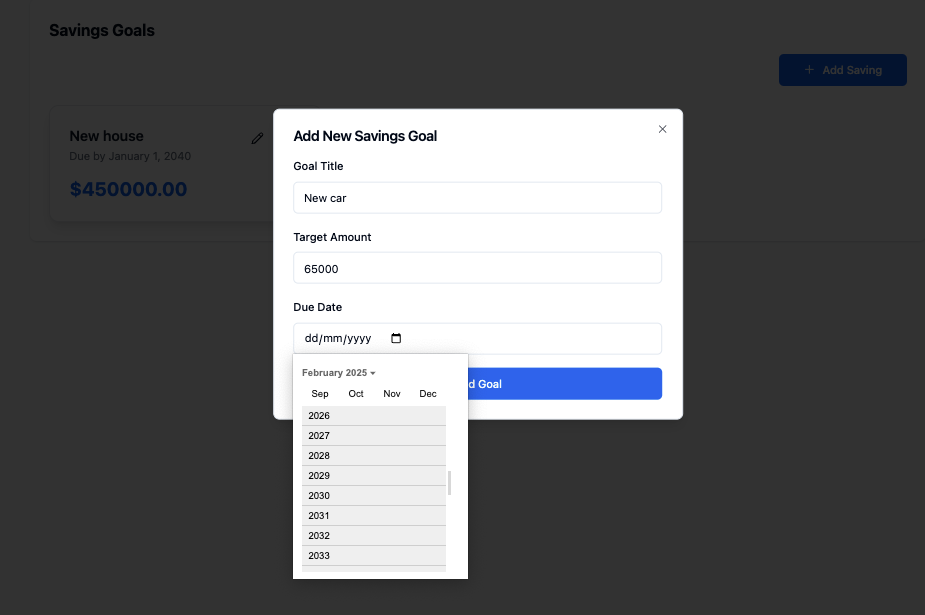 the savings goal pop-up that appears after clicking the add savings button, showing the title, amount, and calendar
