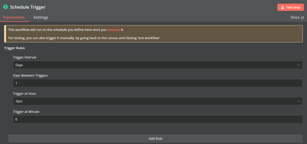 n8n menu for configuring Schedule Trigger.