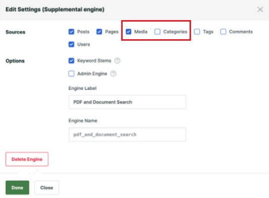 Settings interface for a search engine, highlighting options to include 'Media' and 'Categories', along with engine details below.