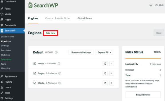 SearchWP dashboard displaying the "Engines" tab with an "Add New" button highlighted in red.