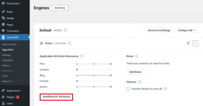 SearchWP settings interface, displaying options for attribute relevance and an "Add/Remove Attributes" button highlighted.