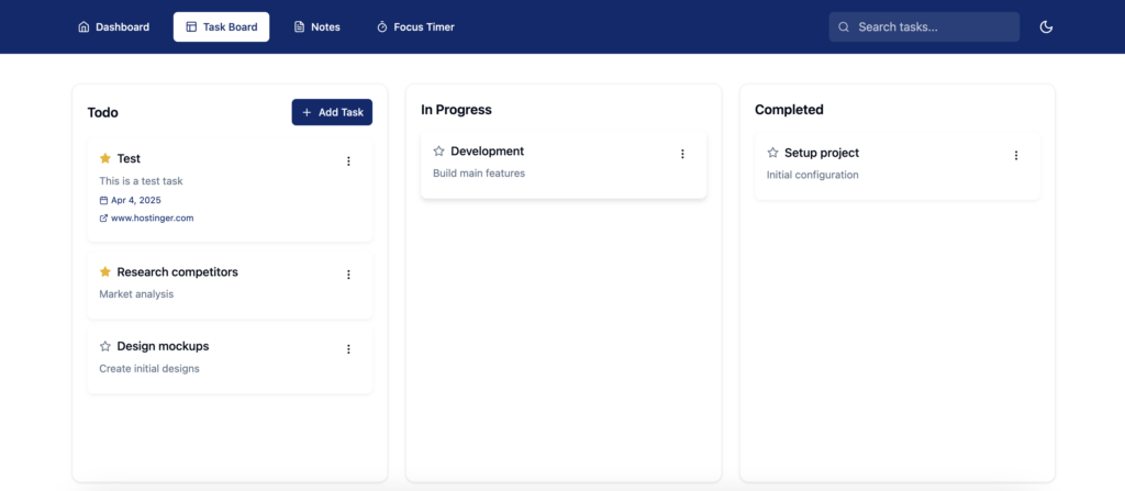 The full-size preview of a custom Task Board page in Hostinger Horizons