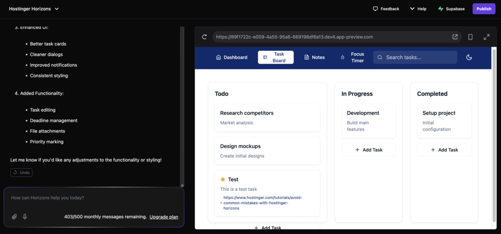 The preview of a custom Task Board page in Hostinger Horizons