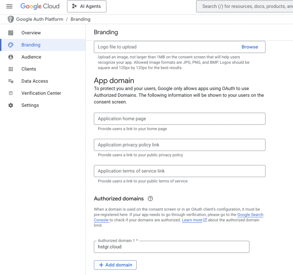 The Authroized Domains configuration menu on Google Cloud Console