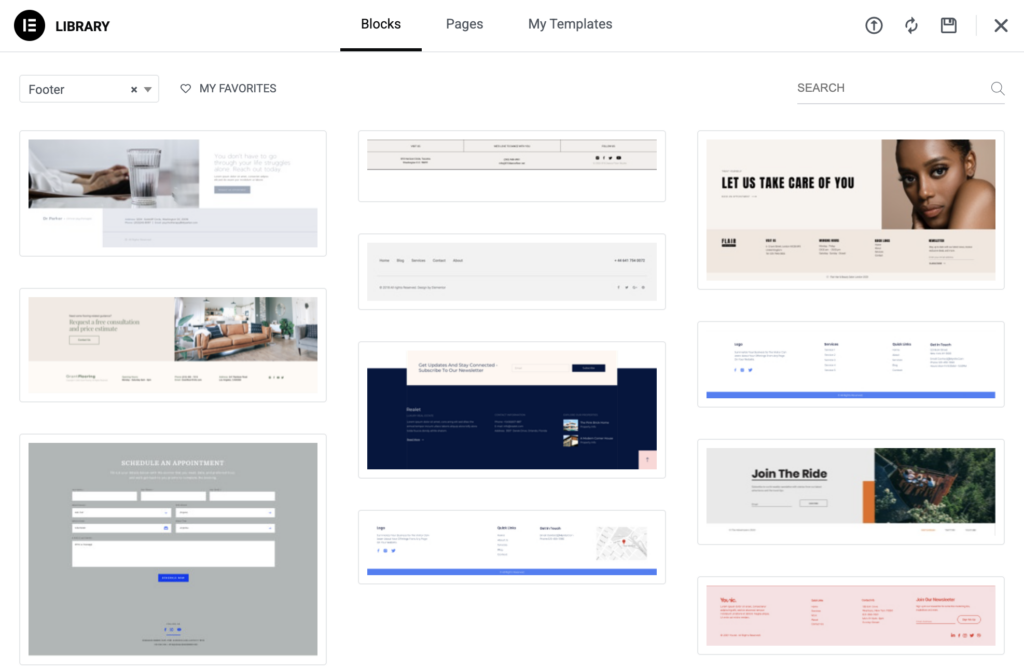 Elementor Theme Builder displaying pre-built footer blocks