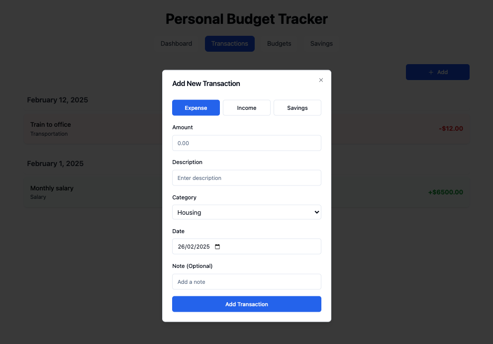 the first iteration of the transaction pop up after clicking the add transaction button
