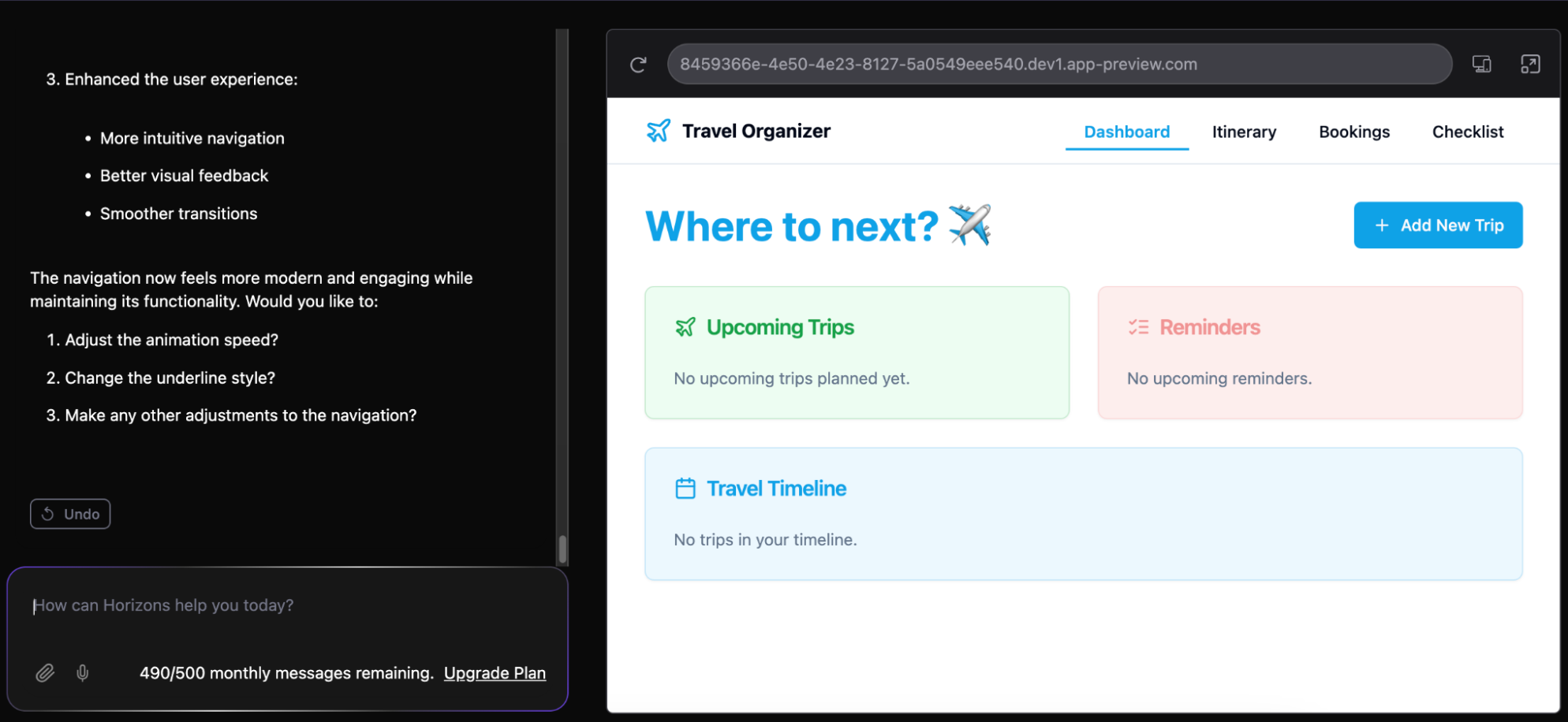 A travel custom web app's second iteration with Hostinger Horizons