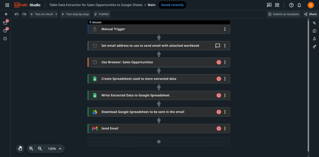 Image displaying built out automation in UiPath studio