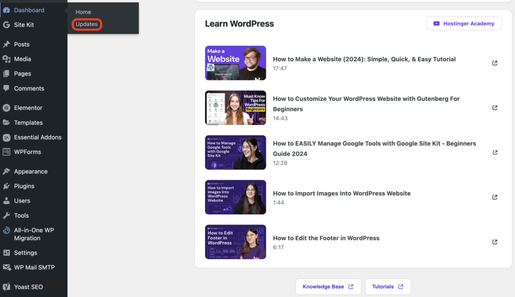 WordPress dashboard showing the Updates section highlighted, where users can update the WordPress core software.