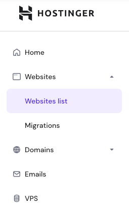 websites list under websites menu in the left sidebar of hpanel
