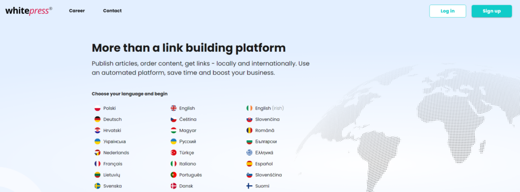 Website interface of WhitePress, promoting article publishing and link building services in multiple languages
