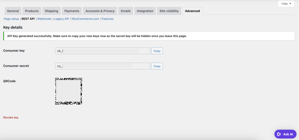 The WooCommerce REST API authentication keys