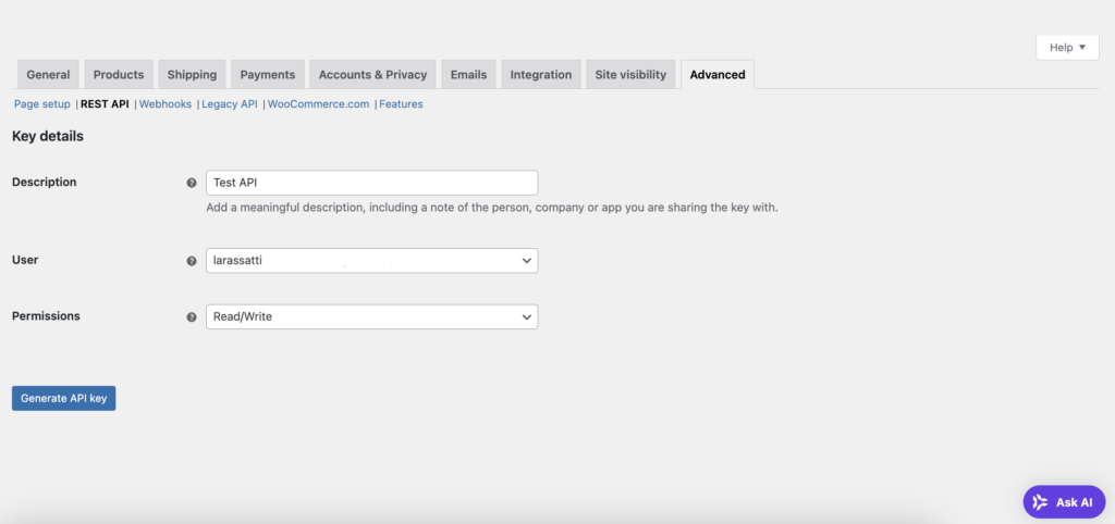 The WooCommerce REST API generation page