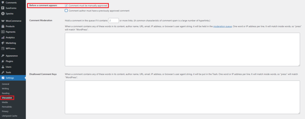 WordPress settings page showing comment moderation options, including manual approval for comments and disallowed words.
