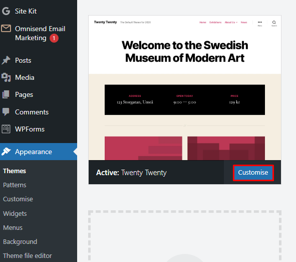 A website editing interface for the Swedish Museum of Modern Art, theme highlighting the "Customize" button.
