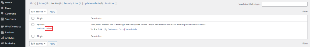the WordPress plugin featuring options to activate or delete a plugin with the delete option highlighted in red rectangle