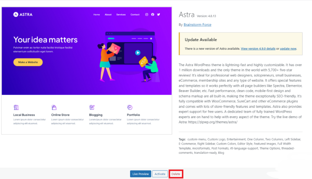 Astra WordPress theme dashboard, showcasing features, options, and an update notification in a purple interface with the delete tab outlined in red