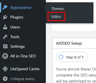 WordPress dashboard highlighting the 'Editor' option under the 'Appearance' menu.