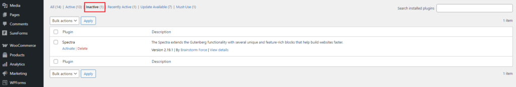 The WordPress plugins page highlighting one inactive plugin, "Spectra," with options to activate or delete.