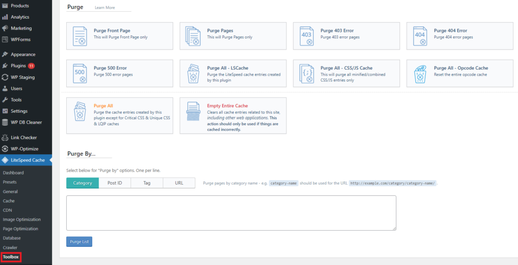 The LiteSpeed Cache plugin interface, displaying various cache purging options and a toolbox menu on a WordPress dashboard.