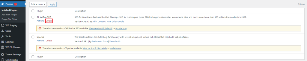 WordPress dashboard showing the installed plugins list, highlighting "All in One SEO" with options to activate or delete.