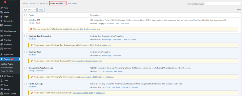 WordPress plugins page showing 13 updates available for various installed plugins, with descriptions and activation options.