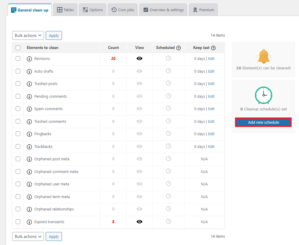 Dashboard displaying cleanup options for a website, highlighting items to clean, with emphasis on "Add new schedule" button.