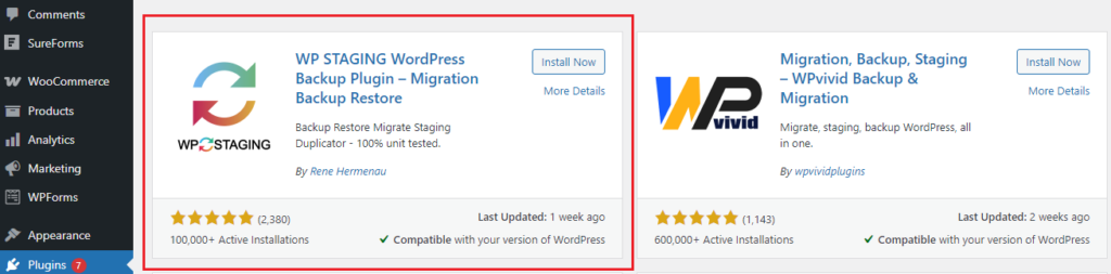 WordPress plugins page, featuring WP STAGING and WPvivid Backup & Migration plugins with ratings and installation stats.