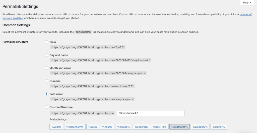 WordPress Permalink Settings page