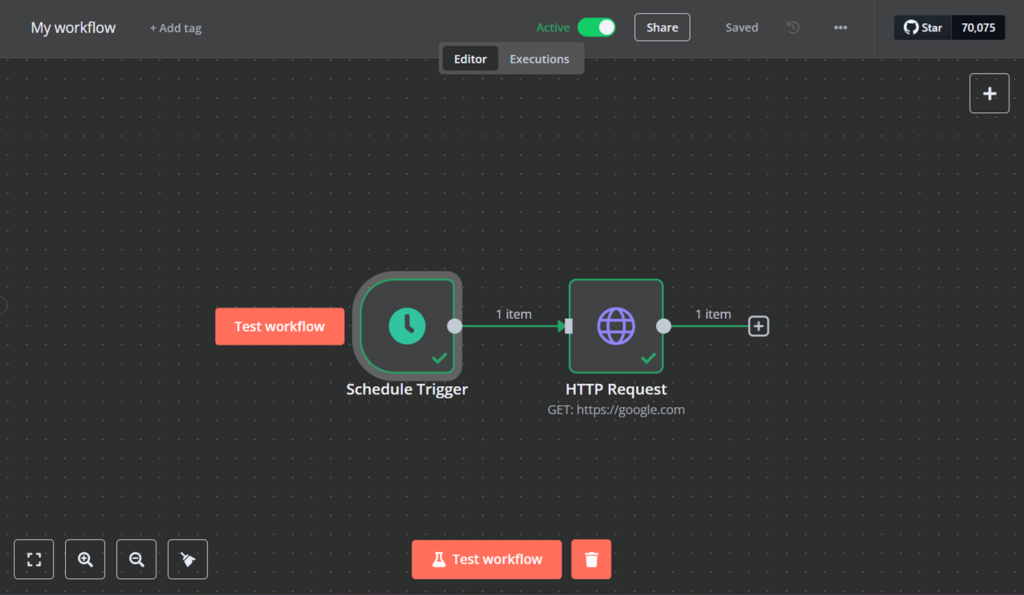 N8n interface which displays a workflow being activated on a schedule trigger. 