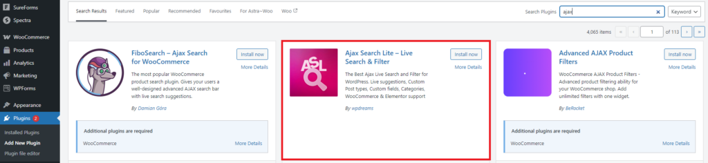 WordPress plugin search results, highlighting "Ajax Search Lite" with options to install or view more details.