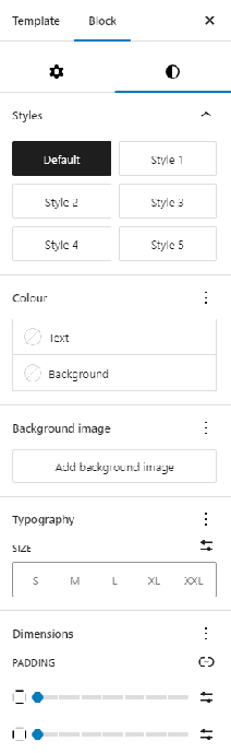 A web design interface showing options for customizing styles, colors, typography, and dimensions in a block template.