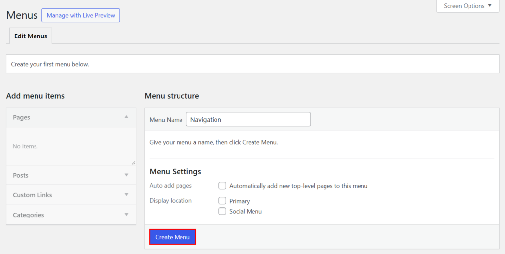 WordPress Customizer interface showing options to create a new navigation menu
