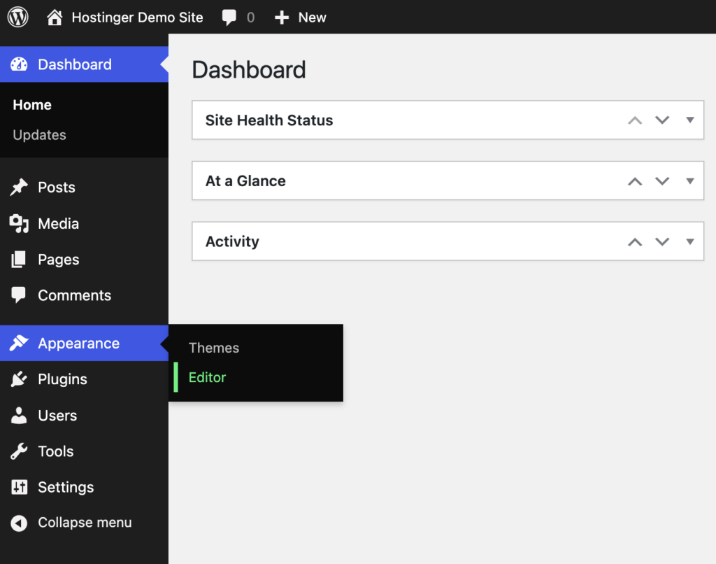 WordPress Site Editor interface for customizing the homepage design and layout