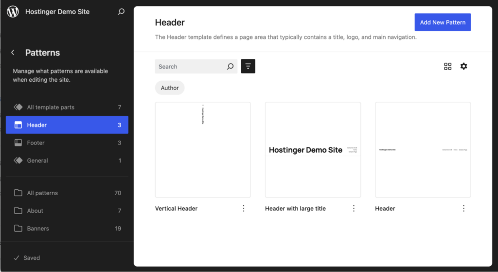 WordPress Site Editor displaying available header designs under the Header section in the Patterns menu