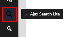 A sidebar icon for "Ajax Search Lite," featuring a magnifying glass in a red outlined box, indicating search functionality.